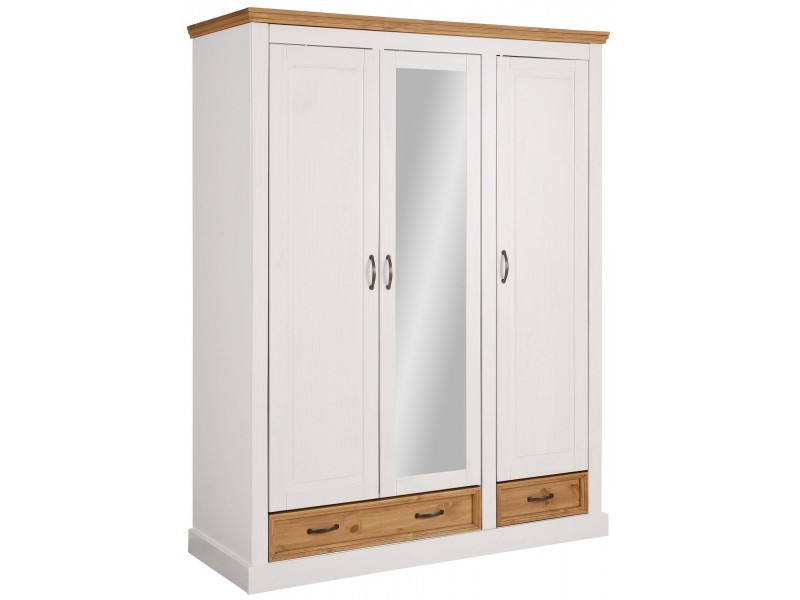 Guarda roupas de madeira maciça rústica com 3 portas 2 gavetas e espelho acabamento branco lavado e cera | England
